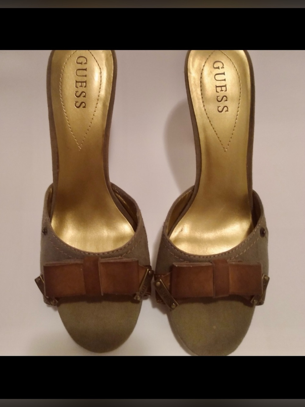 Vtg GUESS Y2K Canvas Bow Mule Heels Sz 8